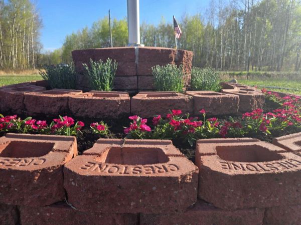 Brick planter with pink flowers and small green plants under a clear sky.