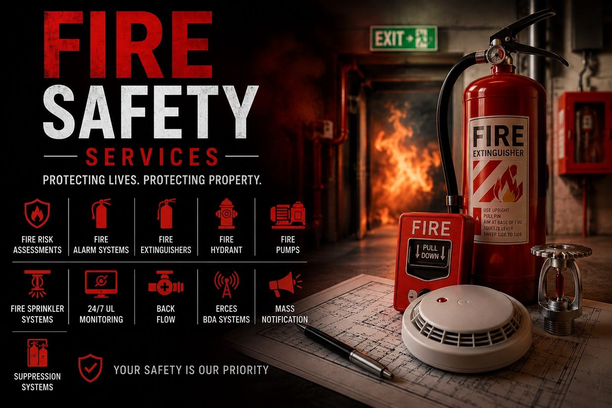 Fire safety services with equipment and emergency exit, emphasizing protection of lives and property.