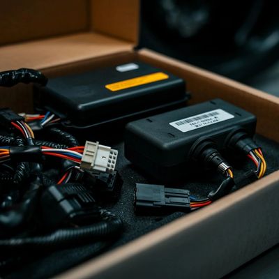 Electronic control modules with wiring harnesses inside a cardboard box.