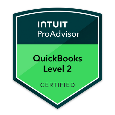 Intuit ProAdvisor QuickBooks Level 2 Certified badge in green and dark teal.