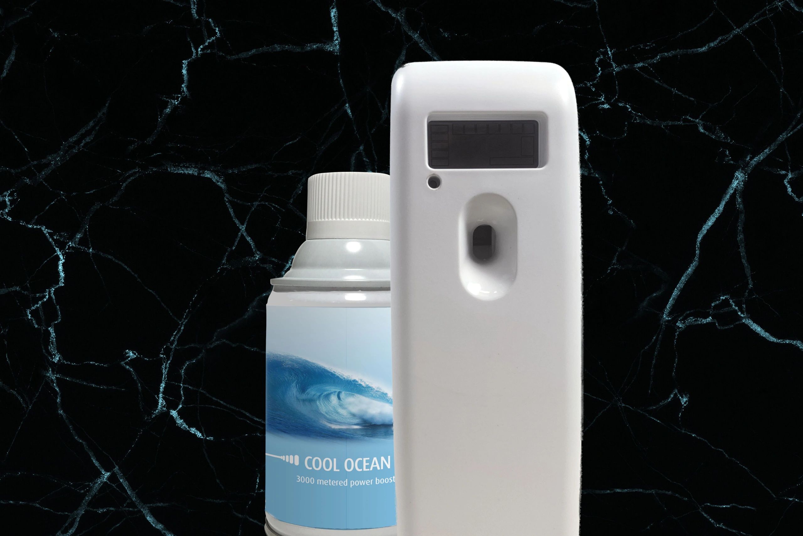 EDGE Air Flow Maxi Aerosol Dispenser white on a black marble background with a Cool Ocean Aerosol