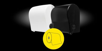 Compact Auto Cut Dispenser with white and black and paper in yellow bubble