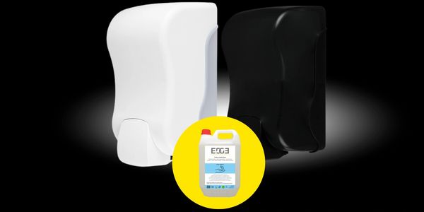 EDGE Refillable Soap white and black dispensers with refill in yellow bubble