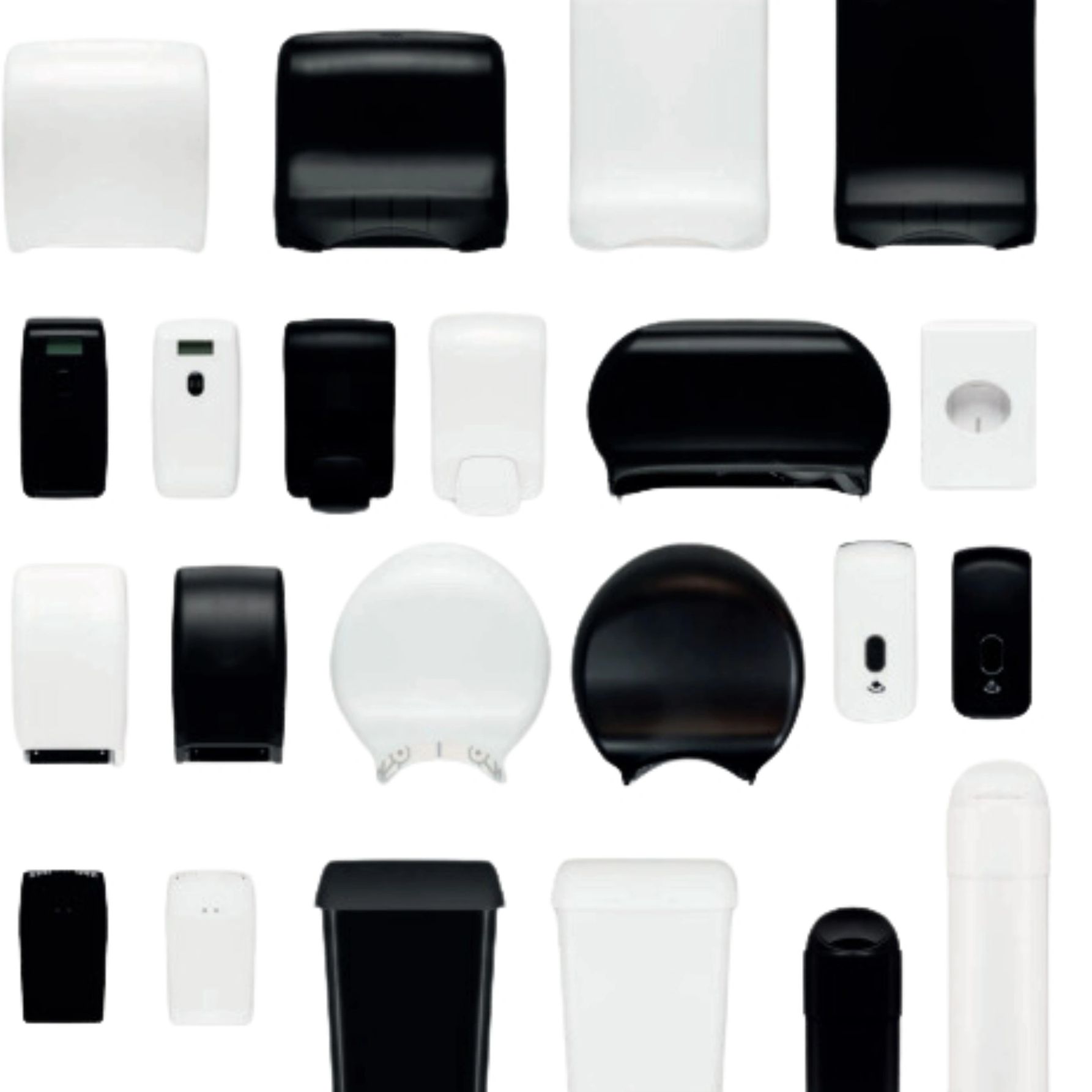 EDGE WASHROOM DISPENSERS in white and black collection of dispensers in various sizes and shapes