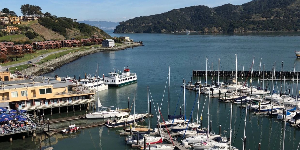Boats docked at a marina with hills in the background.