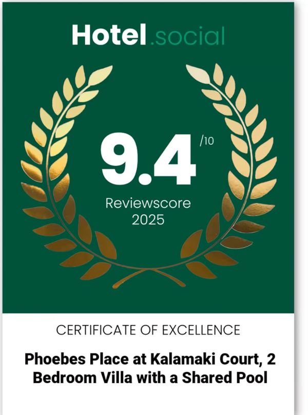 Certificate of Excellence with a 9.4 score for Phoebes Place villa.