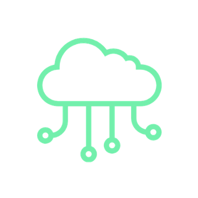 Green cloud computing icon with connected nodes on black background.