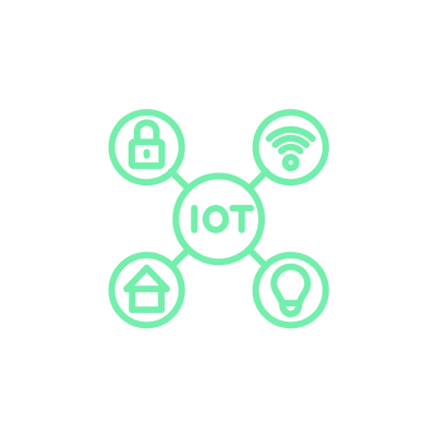 IoT concept with connected icons for security, Wi-Fi, home, and light bulb.