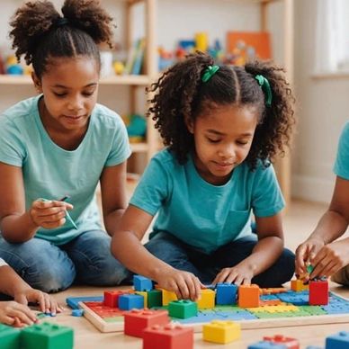 Four children playing with colorful building blocks indoors.