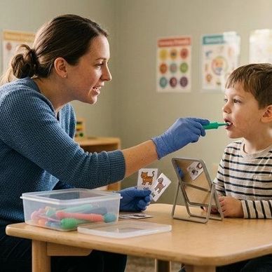 Speech therapist engaging a young boy in a therapy session using flashcards and a mirror.
