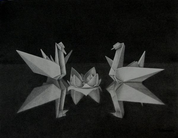 Charcoal and graphite drawing of origami swans