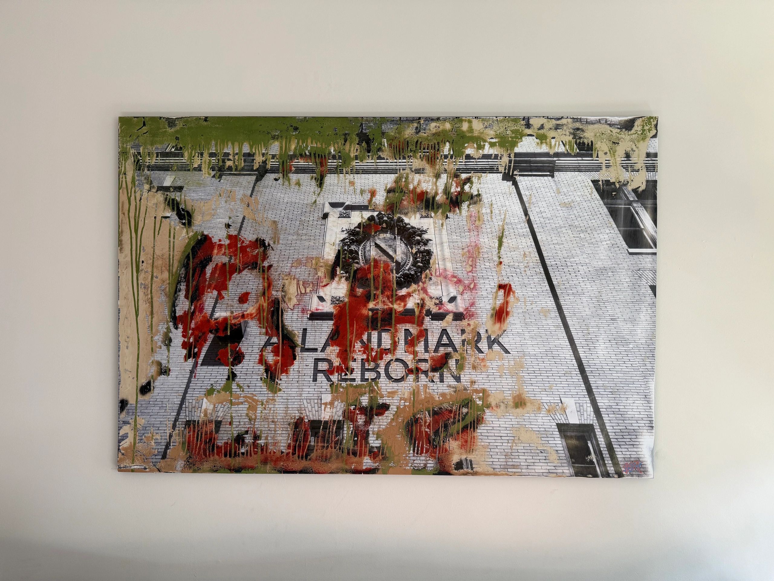 Abstract graffiti-covered artwork of a landmark building on a wall.