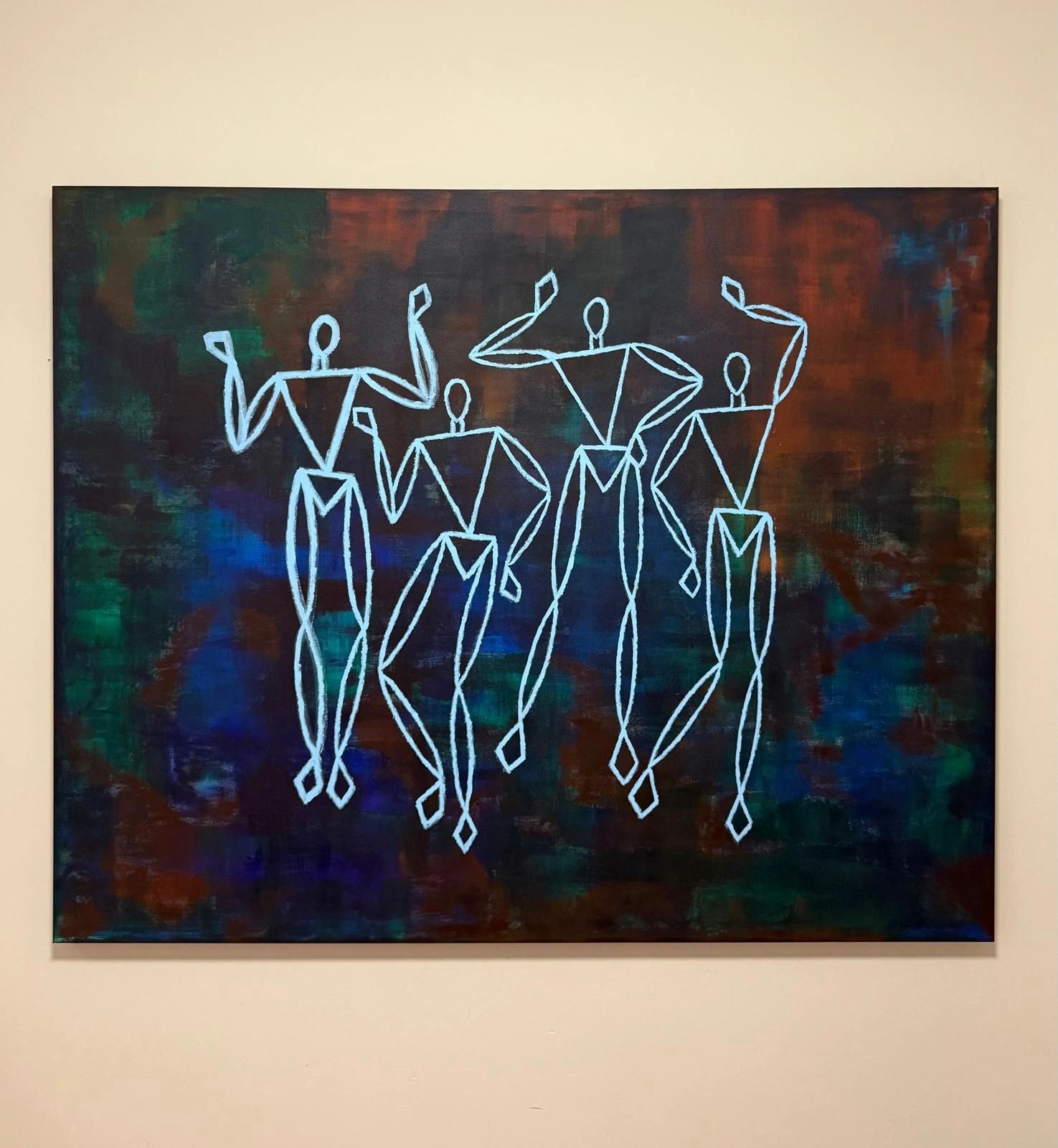 Abstract painting of four geometric figures dancing against a dark colorful background.