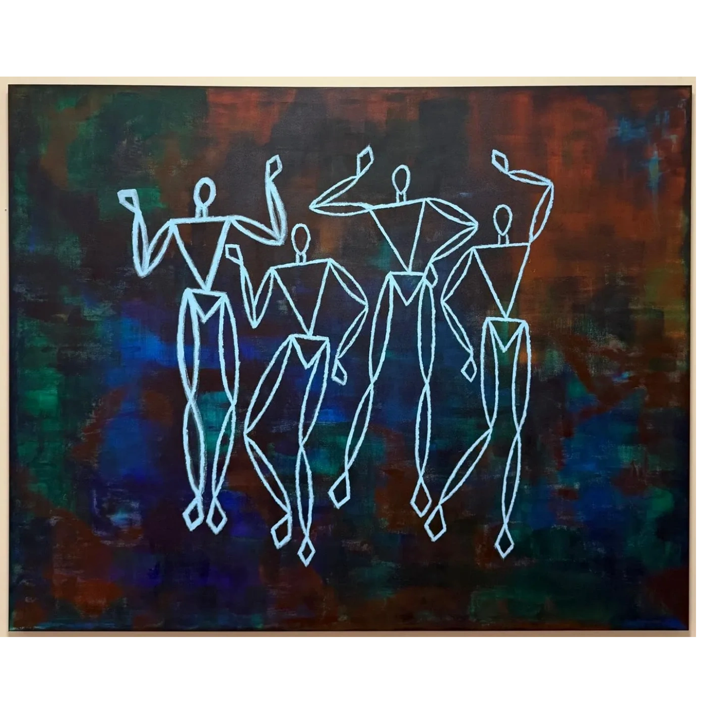 Abstract painting of four geometric human figures dancing with blue outlines on a dark multicolored background.