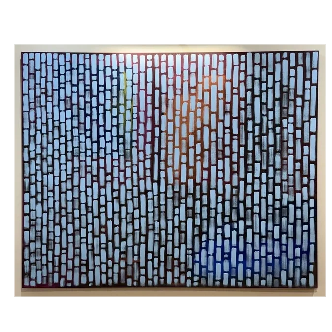 Abstract painting with vertical blue rectangles and a golden light above.