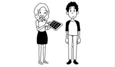 A woman showing a tablet to a man in a simple black and white cartoon style.