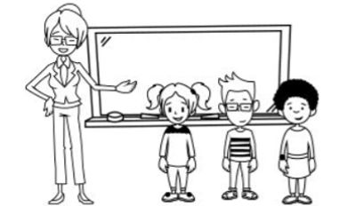 Teacher with three children standing in front of a blackboard.