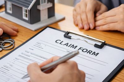 Person filling out a property claim form with house model and keys on the table.