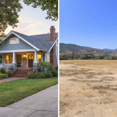Split image of a modest home and a plot of vacant dirt land with trees and mountains in the distance