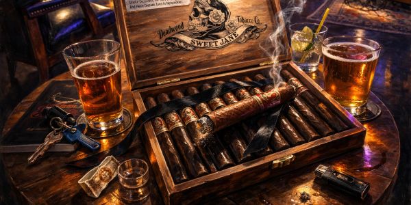 A wooden box of cigars on a table with drinks and keys.