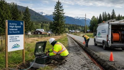 Workers install high-speed fiber-optic internet in rural mountainous area.