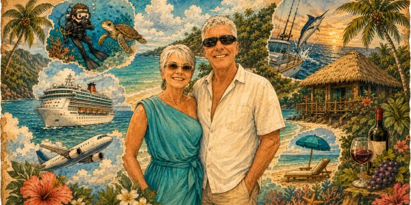 Smiling couple with tropical vacation symbols around them.