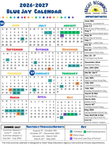 2026-2027 Blue Jay school calendar with key dates and holidays.