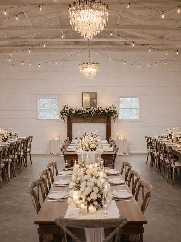 Elegant rustic wedding reception with wooden tables, white floral centerpieces, and chandeliers.
