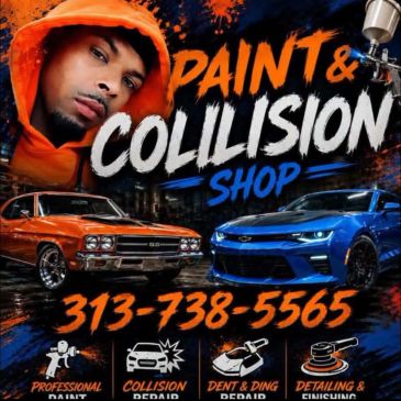 Advertisement for a paint and collision shop with contact info.