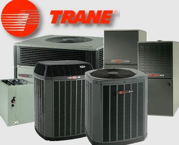 Various Trane HVAC units displayed with the Trane logo above.