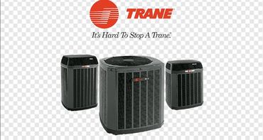 Three black Trane air conditioning units with brand logo and slogan above.