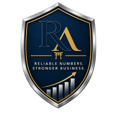 Rickerd Accounting Services logo featuring the RA monogram, torii symbol, and Reliable Numbers. Stronger Business. tagline.