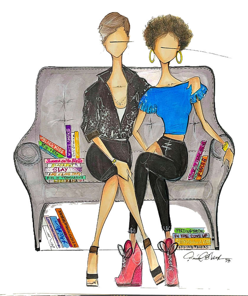 GiGi and Rho posed on a sofa surrounded by their book club selections.