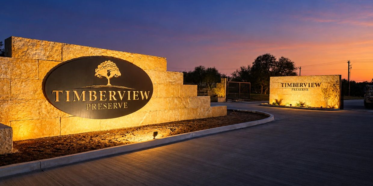 Entrance sign of Timberview Preserve at sunset.