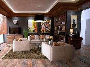 Living room with hardwood floor and two white couches.