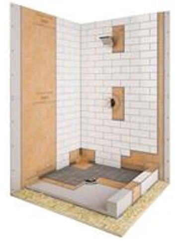 Diagram of a shower with waterproofing and tile backer board.