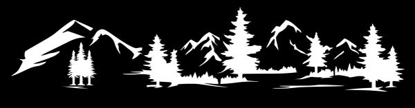 Black and white silhouette of mountains and pine trees.