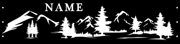 Silhouette of mountains and pine trees with space for a name above.