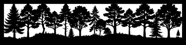 Black and white silhouette of various tree species in a row.
