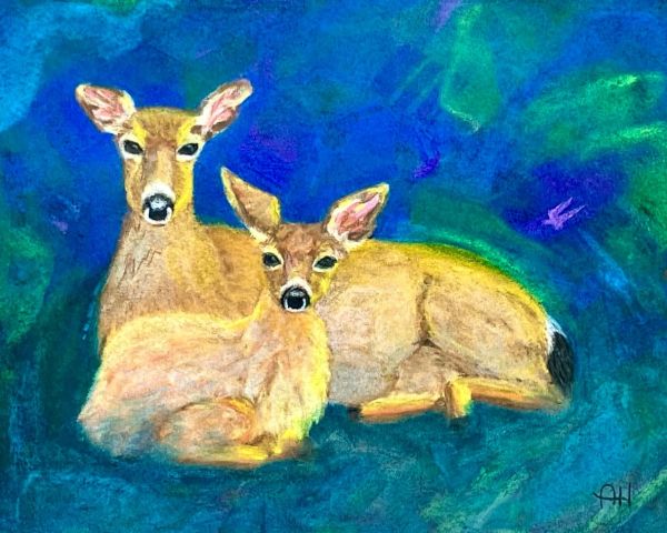 Painting titled "Doe and Fawn by Alisa Hasbrouck, Olympic Fine Art