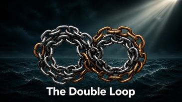 An infinity symbol made of intertwined silver and gold chains over a dark ocean.