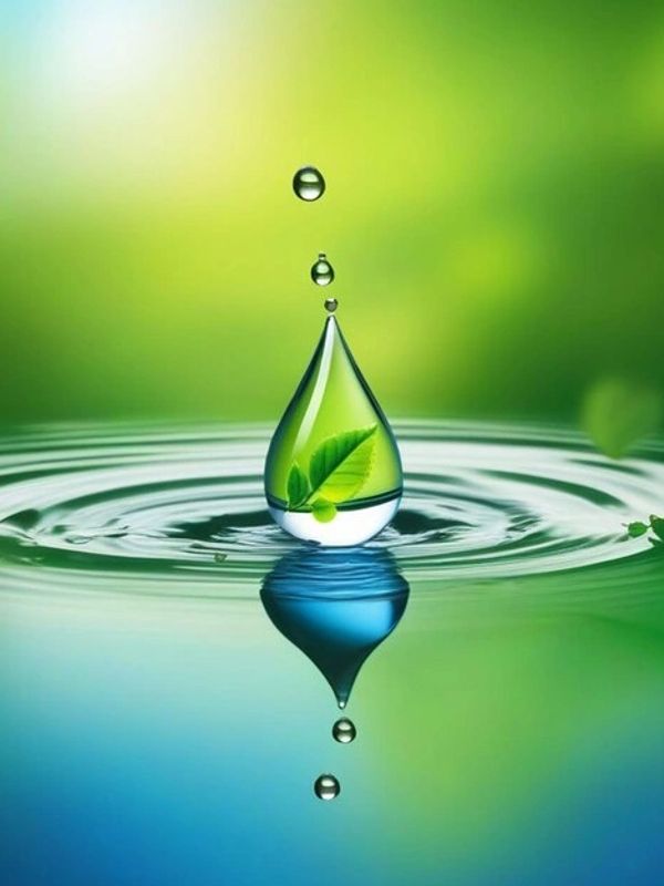 A water droplet with a green leaf inside creates ripples on a calm surface.