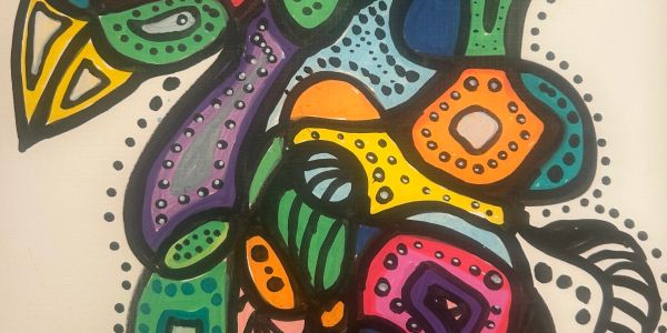 Colorful abstract art with bold shapes and dots.
