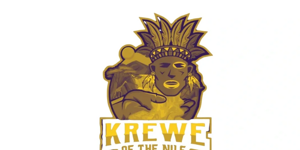 Krewe of the Nile logo featuring an ancient figure with a feathered crown and extended hand.
