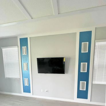 Gray wall with blue and white accents