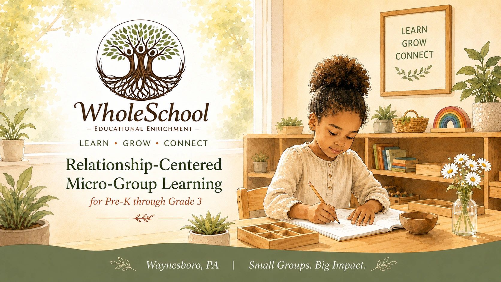 wholeschool relationship-centered micro-group little girl writing in calm Montessori classroom