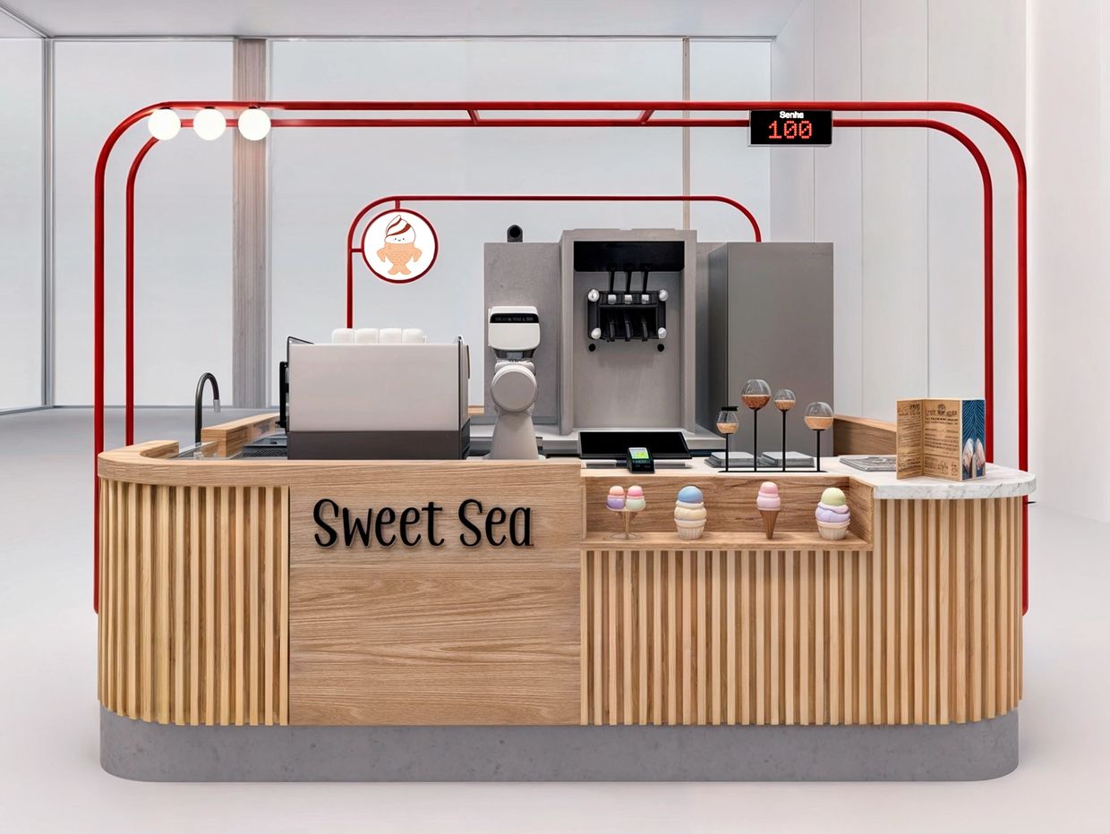 Modern ice cream kiosk named Sweet Sea with wooden accents and colorful ice cream models.