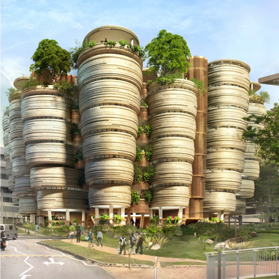 Futuristic cylindrical buildings with greenery integrated into the design.