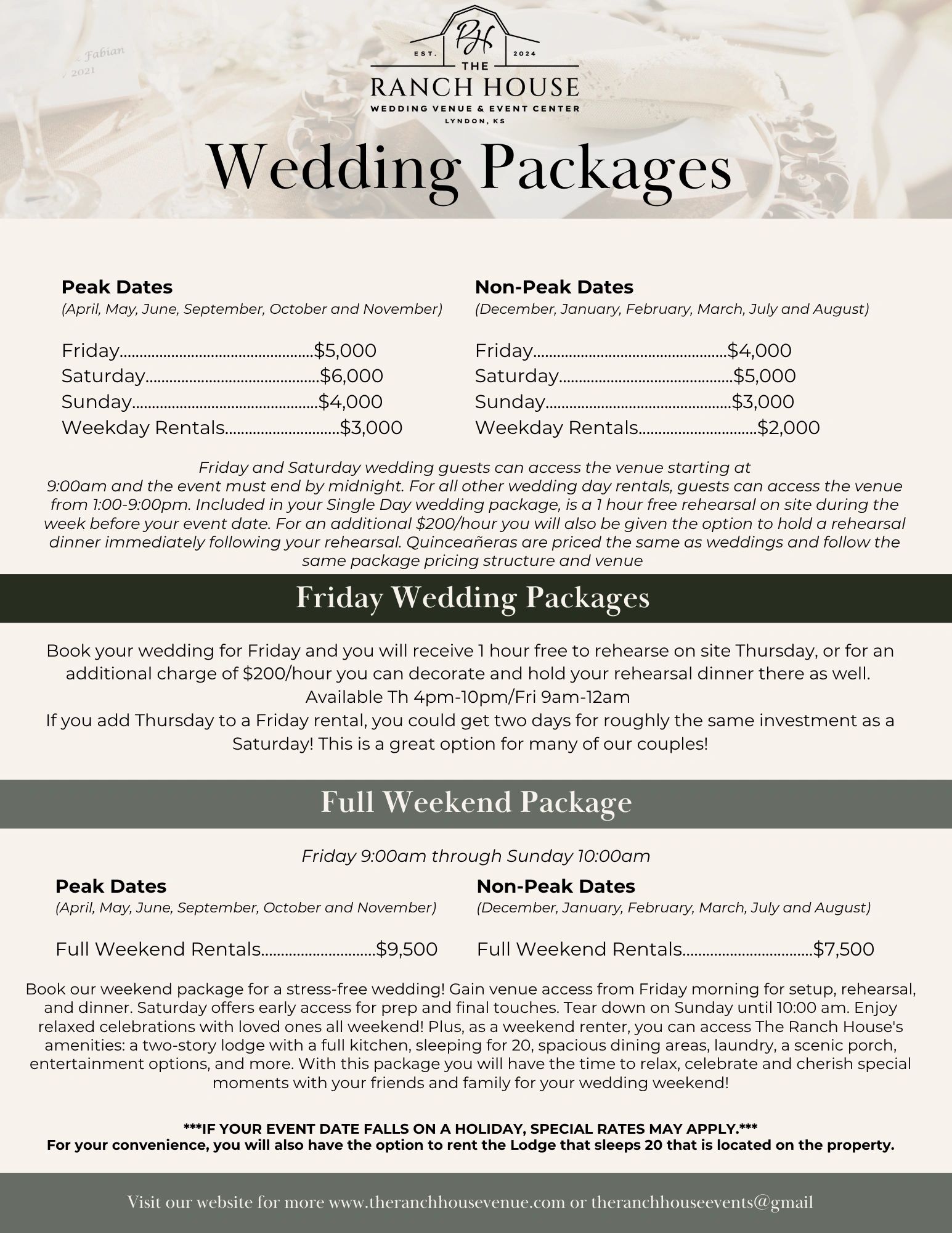 Wedding packages pricing for peak and non-peak dates at The Ranch House venue.