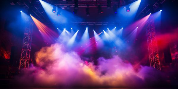 Colorful stage lights and smoke effects.